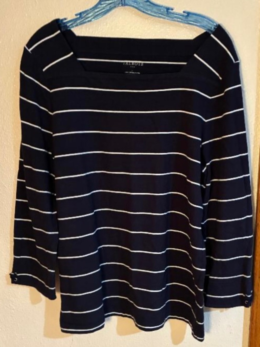 Talbots long sleeve T, squared neckline, navy blue/white stripe, size L
